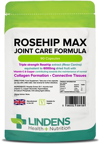 Lindens - Rosehip Max Joint Care Formula, 90 Capsules - UK Made - Joint Care, Collagen Formation & Connective Tissues - Nervous & Immune System Function - Letterbox Friendly, Vegan