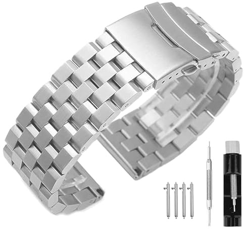 SINAIKE Armband für eine Armbanduhr 24mm Uhrenarmband aus Metall 5 -Reihen Armbänder aus Gebürstetem Massivem Edelstahl Ersatzband Silber Armband