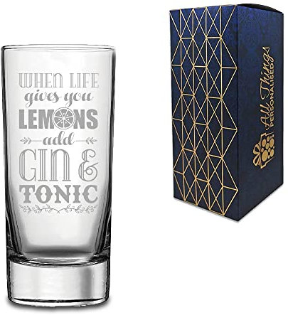 Novelty Engraved/Printed HiBall Gin and Tonic Vodka Glass - When Life Gives You Lemons, Add Gin & Tonic - Engraved