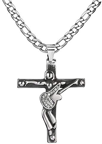 AFSTALR Croix de Johnny Hallyday Pendentif en Acier Inoxydable Argent Johnny Guitare Rocker Collier Femme Homme