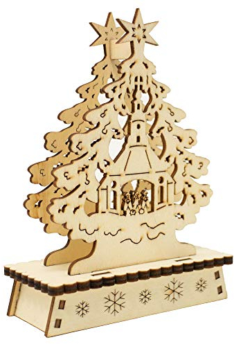 Krippenhandel Tannenbaum Christbaum Weihnachtsbaum Aufsteller Holz Dekoration Weihnachten 12 cm Kirche Christbaum Schneeflocke für Fensterbank oder Tisch