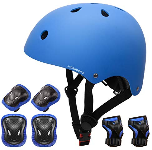 KORIMEFA Set di Casco Protezione per Bambini - Casco, Ginocchiere, Gomitiere, Protezioni Polso - 3-8 Anni, per Hoverboard, Scooter, BMX e Bicicletta (Blu, M)