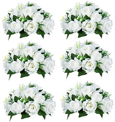 NUPTIO 6 Stück Künstliche Blumenstrauß, 15 Köpfe Kunststoff Rosen mit Sockel, Geeignet für Unser Geschäft Hochzeit Herzstück Blumenregal für Parteien Valentinstag Dekoration(Reines Weiß)