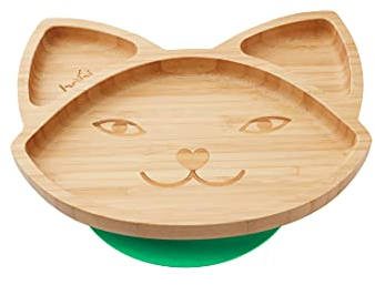 BABI® Baby Kleinkind Katzenteller, natürlicher Bambus, mit Saugnapf aus Silikon (grün)