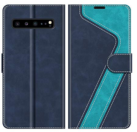 MOBESV Coque pour Samsung Galaxy S10 5G, Housse en Cuir Magnétique Fonction Stand Étui pour Samsung Galaxy S10 5G, Élégant Bleu