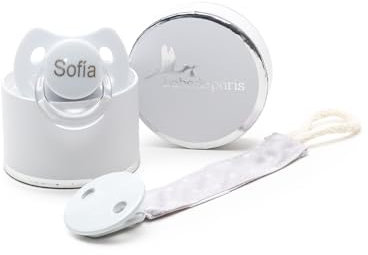 Regalo Neonato Maschio Femmina | Ciuccio per Bambini con Nome | de 0|6 Mesi e Portaciuccio Grigio | Senza BPA | Presentato in una scatola elegante personalizzata | BebeDeParis