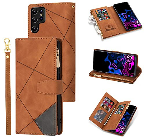UEEBAI Hülle für Samsung Galaxy S22 Ultra 5G, Retro Reißverschluss Handyhülle PU Leder Handytasche Bumper mit 9 Kartenfächer Standfunktion Geldbörse Trageband Schutzhülle Flip Wallet Case -Braun#