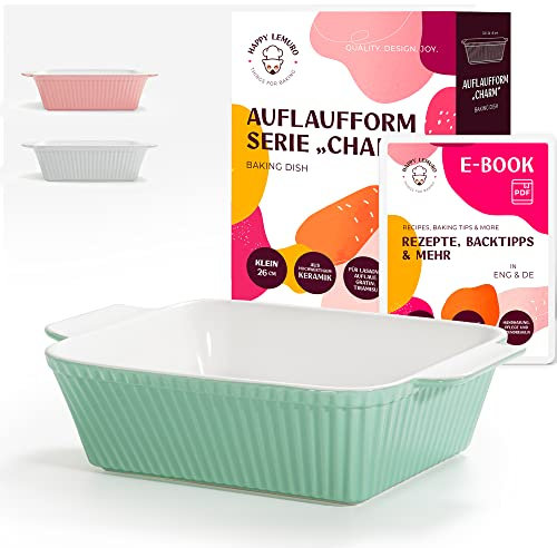 Happy Lemuro Auflaufform Klein für 1-2 Personen - Extra Hoch - Eckige Ofenform | Lasagne Auflaufform aus Keramik - für Lasagne, Auflauf, Tiramisu - Spülmaschinensicher - inkl. eBook (mint)