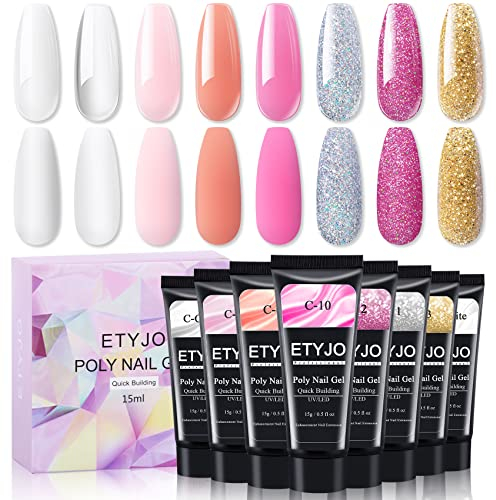 ETYJO Poly Gel Nail Kit, 8 Colours 15 ml Poly Gel Nails Set Nude Pink Gold Gel Nail Builder for Nail Extension, Poly Gel for Beginners Home DIY Salon Art Nails DIY Home