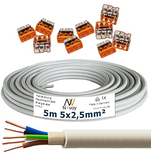 NYM-J 5x2,5 mm² 5m Mantelleitung Installationskabel mit 10 Stück WAGO Klemmen M126