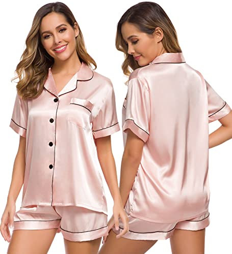 SWOMOG Silk Satin Pyjama Set for Women Pink Pjs Short Sleeve Shirt with Sleeping Short Pj Set Soft Loungewear