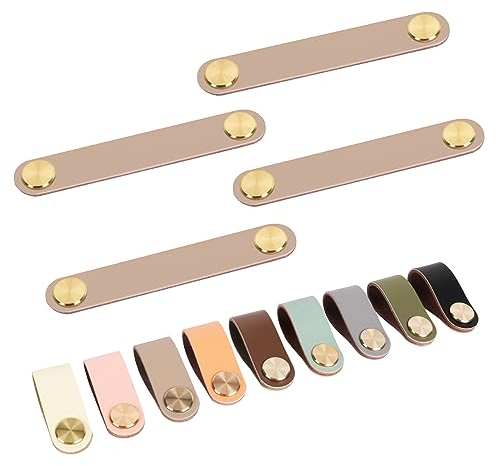 Lollanda 4 Stück Ledergriffe für Möbel, Möbelgriffe Leder, Schrankgriffe mit Schrauben, für Kommode, Kleiderschrank (Khaki, 6.4 x 2.5 cm)