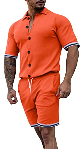 QWUVEDS Herren Frühling Sommer 2-teilige Mode-Sets Strand Kurzarm Leinenhemd und Kurze Hose Set mit Tasche Anzug Koffer Herren Hose Herren Hosen Modern Herren Hose Stretch Herren Hosen Mit Gummizug
