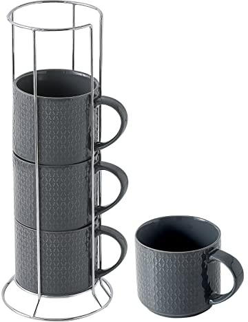 Hasense Coffee Mugs Set of 4 with Stand, 15 oz Porcelain Stackable Coffee Cups Set with handle for Tea, Latte, Milk and Cappuccino, Grey Embossed Tea Cups Set with Geometric Patterns for Men and Women