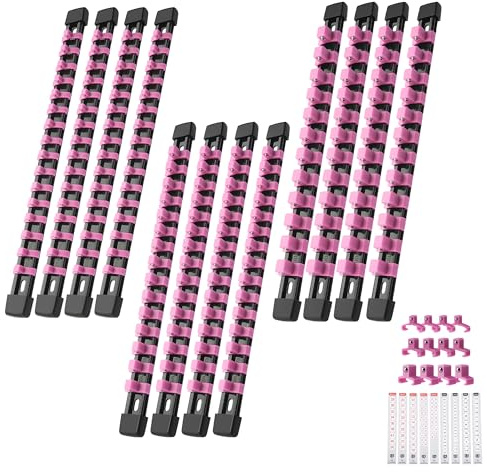 Reniteco Steckschlüssel-Organizer, ABS-Werkzeuge – rosa Steckschlüsselhalter, Premium-Qualität, 12-teiliges Steckschlüsselhalter-Set, 1/4 Zollx64 Clips, 1/2 Zollx48 Clips (12 Stück, Pink)