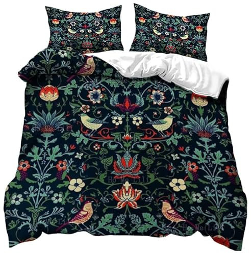 Bettwäsche 200x200 Retro-Zauberwald Kinderbettwäsche 3 Teilig Pflanzen, Blumen, Vögel Bettbezug - Bettwäsche-Sets 200x200 Mikrofaser für Allergiker mit Reißverschluss und 2 Kissenbezug 80x80 cm