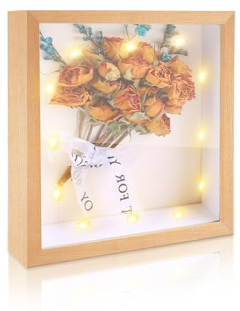 IHONYI 3D Bilderrahmen Zum Befüllen - Personalisierbare Spardose Bilderrahmen,Objektrahmen Tief 20x20cm für Objekt Bis 3.2cm,Rahmen für Sparen/Deko Wand,mit 3M LED Lichterkette&Bänder,Holz