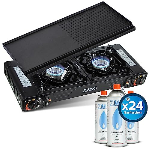 Z.M.C Premium Camping Gaskocher 2-flammig + Grillplatte + 24 Gaskartuschen 227g, Campingkocher mit Windschutz für Outdoor und Innenraum, Balkon Tisch Doppelgaskocher mit Piezozündung