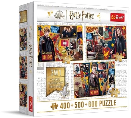Trefl – Puzzle 4in1: Set mit 3X Puzzle 400+500+600: Ron, Hermine, Harry + Poster - Puzzles mit Harry Potter Filmfiguren, 400 500 und 600 Teile, A4 Poster, für Erwachsene und Kinder ab 10 Jahren