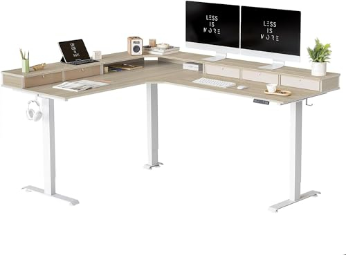 FEZIBO DREI Motoren Schreibtisch Höhenverstellbar Elektrisch mit 5 obere Schublade, L Form Stehpult, Links und rechts austauschbar, 190 x 160 cm eckschreibtisch, Weiß Rahmen/Heller Walnuss Tischplatte