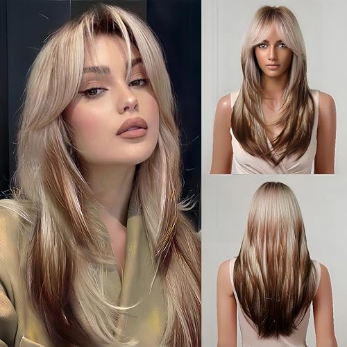 testar 24 Zoll Ombre Blonde Perücken Für Frauen Lange Geschichtete Gerade Perücken Blonde Braune Perücke Barbie Perücken Natürliche Synthetische Perücken Für Party Cosplay