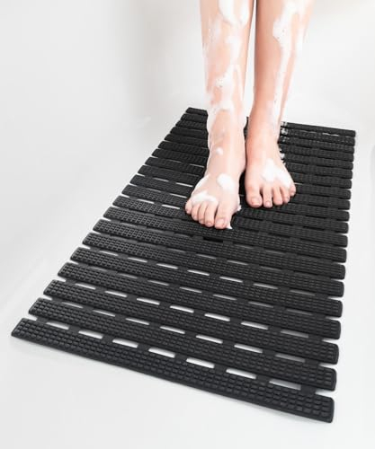 HITSLAM TPE Badewannenmatte und Duschmatte rutschfest, 68 x 38cm Antirutschmatte Badewanne, Badematte rutschfest mit Saugnäpfen, Duschbodenmatte Badezimmerzubehör, Schwarz