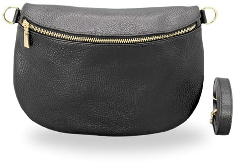 BRISE Bauchtasche Damen Echtleder AFIA Gold Handgemachte Umhängetasche Crossbody Bag mit Ledergurt 3 Fächer Hüfttasche Gürteltasche Made in Italy (Schwarz-Gold 1)