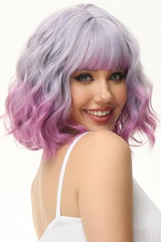 Luxiremi Perücken Lila Spezial Kurze Schulter Länge Lockig Gewellt Perücke Bob mit Pony Synthetische Cosplay Perücke für Damen