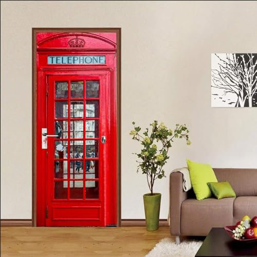 Türtapete Selbstklebend 3D Türposter Rote Telefonzelle 80 X 200 Cm Türaufkleber Fototapete Abziehen Und Aufkleben Türfolie Poster Tapete - Kinderzimmer Wohnzimmer Küche Schlafzimmer Tür Fotos-2J7N4J0