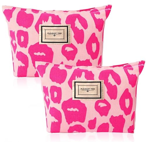Shengxi Kosmetiktasche mit Rosa Leopardenmuster Großes Fassungsvermögen Damen Handtaschen Canvas Make Up Taschen Reißverschluss Kulturbeutel Organizer Für Frauen Girls Damen 2 Stücke
