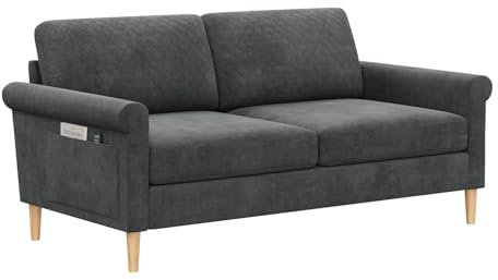 Vesgantti Fabric 2 Seater Sofa, 164cm Loveseat Sofa with Bilateral Pocket Storage, Upholstered Couch Perfect for Living Room, Bedroom, Office, Small Space, Tool-free Assembly, 164L*76D*85Hcm, Grey