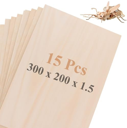 ZOFUN 15 fogli di compensato tagliati su misura, non finiti da 1,5 mm, 300 x 200 mm, fogli in legno di tiglio per progetti fai da te in legno, decorazioni per la casa, arte, artigianato, pittura,