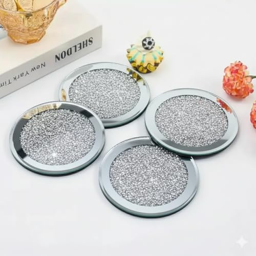 TRENDZY Glasuntersetzer aus zerkleinertem Kristallglas, verspiegelt, rund, glitzernd, silberfarben, für Zuhause, Küche, Bar und Restaurant, Heimdekoration, Geburtstag, Hochzeit, rund, 4 Stück