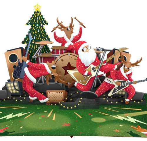 Three Dee Cards - Weihnachtsmann und Rentier Rock Band 3D Pop-Up Weihnachtskarte, Geldgeschenk für Tochter, Sohn, Ehemann, Ehefrau, Bruder, Schwester, Mama, Papa, Familie, Weihnachtsgrußkart