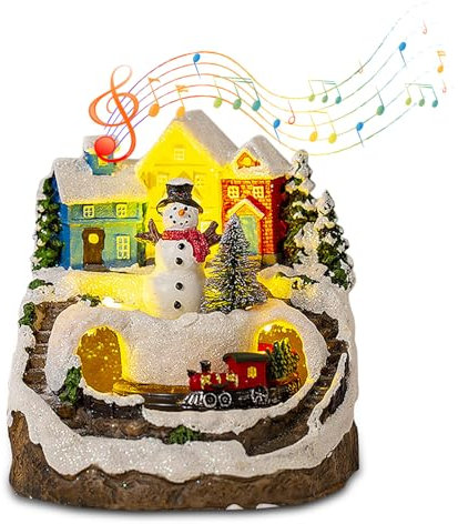 Weihnachtsdorf Mit Beleuchtung, Weihnachtsdorf mit Musik, Weihnachtsdorf Figuren LED Lichter Kleiner Zug, Dekorative Weihnachtshäuser, für Weihnachtsfeiern Und Heimdekorationen (Weihnachtsschneemann)