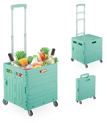 Relaxdays Einkaufstrolley, klappbar, Einkaufskorb mit Rollen, Deckel & Teleskopgriff, bis 35 kg, Klapptrolley, türkis