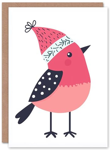 Artery8 Robin Bird With Winter Hat Pink Blue Modern Blank For Him Or Her Art Christmas Card
