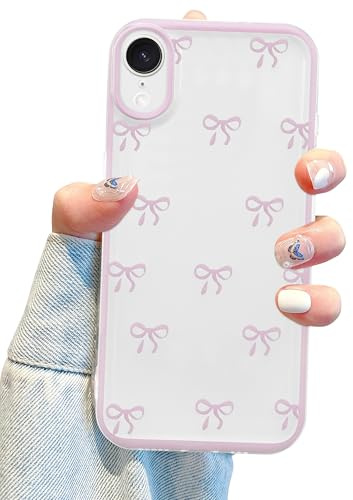 Jusy Kompatibel mit iPhone XR, Schleifen-Handyhülle, niedliches klares Schleifenmuster, ästhetisch, weiches TPU, transparent, Schutzhülle für Damen, Rosa