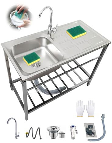 Freistehende Mobile Spüle Ausgussbecken Edelstahl Waschbecken Outdoor Spülbecken Küche mit Wasserhahn & Abtropffläche & Ablageflächen für Patio Wohnung Werkstatt Bauernhaus Spültisch(83x50xH75cm)