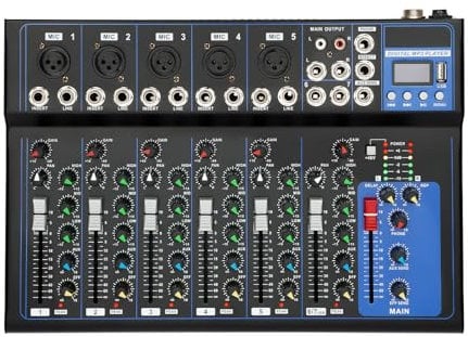 MINRS Bluetooth Audio Mixer 7 Kanal, DJ Mischpult Live Studio mit USB Sound Mixing Console 6 Musikmodi für Musikproduktionsstudios Bars und Bühnen für Anfänger und Profis