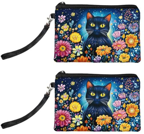 Peacoblue Porte-Monnaie Original pour Femmes et Filles Chat et Fleurs, Lot de 2, Pochette avec Fermeture Éclair, Portefeuille en Toile Durable et Douce pour Voyage, Cadeau