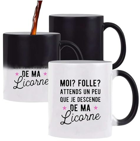 Otshirt Tasse Magique Attends que je descende de ma Licorne | Mug qui change couleur avec la chaleur | Idée Cadeau Humour Drôle Marrant Original Anniversaire Fête