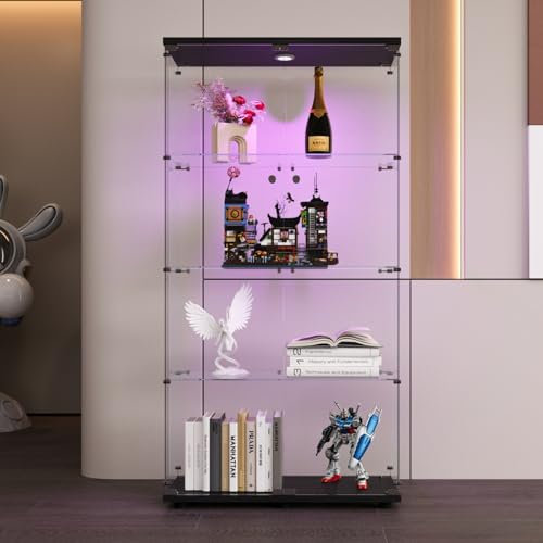 BursDany Vitrine en Verre avec LED, Armoir de Vitrine pour Collection Moderne avec 2 Portes et 4 étagères en Verre ESG, pour Le Bar, Le Salon, 164 x 80 x 36 cm, Noir