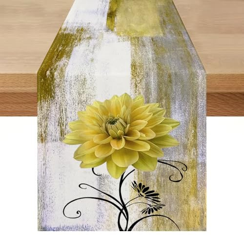 Tischläufer Modern Wasserabweisend Outdoor 40x140 Braun Retro Tischläufer Abwaschbar Lotuseffekt Blume Bauernhaus Tischdekoration Ölgemälde Table Runner Tischband für Küche Kaffee Urlaub