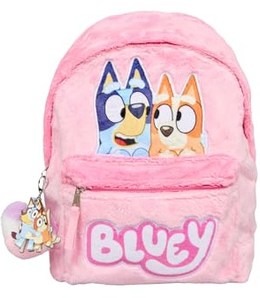 Bluey Kids Backpack – Soft Fluffy Pink School Bags for Girls with Bingo and Character Keyring – Children's Travel Preschool Bag with Adjustable Straps