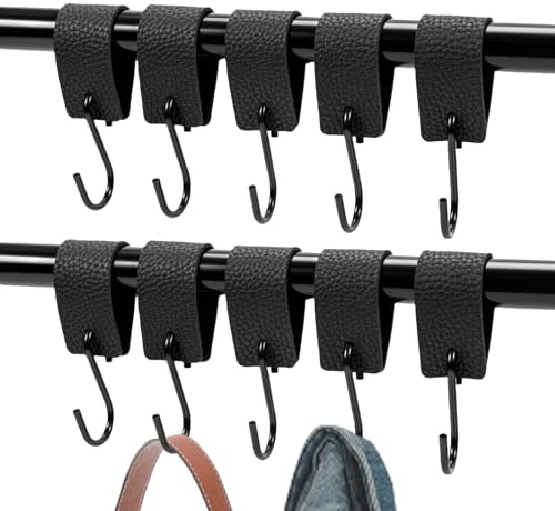 pclapora 10 Stück Haken mit Lederschlaufe, S Haken Schwarz mit Lederschlaufe, Lederhaken, Fleischerhaken Leder, Multifunktional Kleiderhaken Metallhaken, für GarderobeKüche, KüChe, Bad, Camping