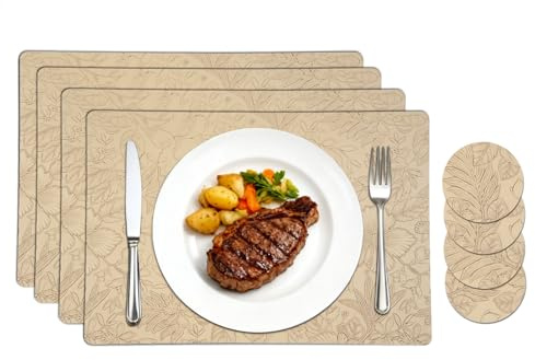 Homcomodar Tischsets Abwaschbar 4er Set Leder Platzsets Abwaschbar mit Untersetzer Blumen Platzset rutschfest Tischset Hitzebeständig für Hause Küche Restaurant(43x30cm Beige)