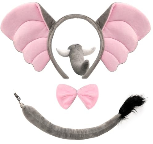 AgagaQx Déguisement Éléphant Adulte Carnaval, 4 Pièces Costume de Éléphant Mignon, Serre-Tête Nez Nœud Papillon Queue, Ensemble Déguisement Animaux Adorable pour Halloween Cosplay Fête Thème Jungle