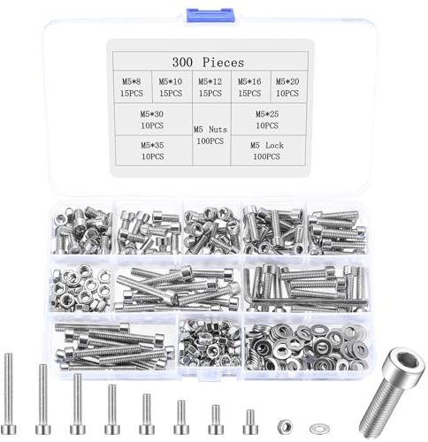 300 Stück M5 Schrauben Set, Edelstahl Sechskantschrauben Muttern Set, Zylinderschrauben mit Innensechskant Schrauben mit Muttern und Unterlegscheiben Sets, Zylinderkopf Maschinenschrauben Sortiment
