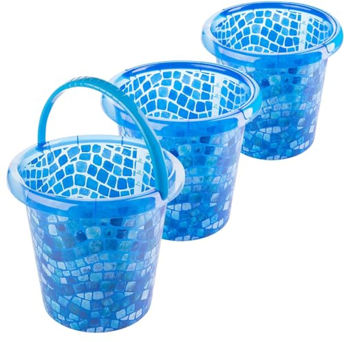 Livinja Haushaltseimer 3er Set Mosaik-Design, Stabile Putzeimer 10L, Verschiedene Blautöne, Transparenter Kunststoff, Mit Henkel, Made in EU, Robust, Leicht zu Reinigen